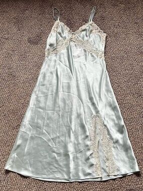 Inner Most minty green + ivory lace midi slip dress